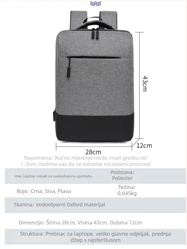 Muški poslovni ruksak za laptop, lagan najlon, gradski stil, kompatibilan s 8-inčnim laptopom, kapacitet ispod 20 L, vodootporan i otporan na udarce