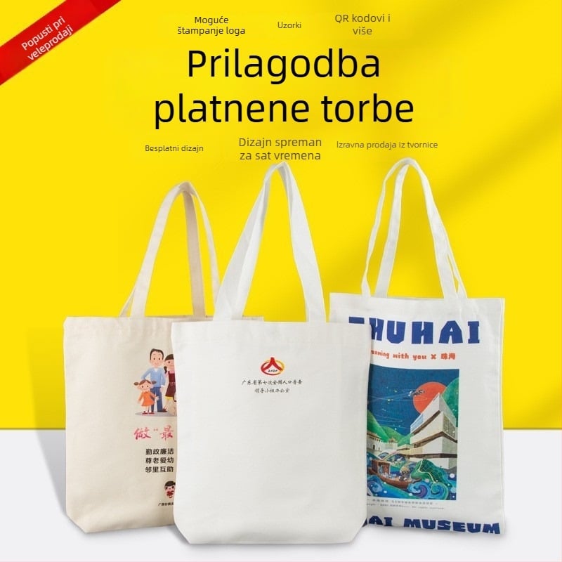 Platnena torba s prilagođenim logom za reklamne svrhe – stil torbe za nošenje; tisak logotipa: sitotisak, offset ili strojni tisak