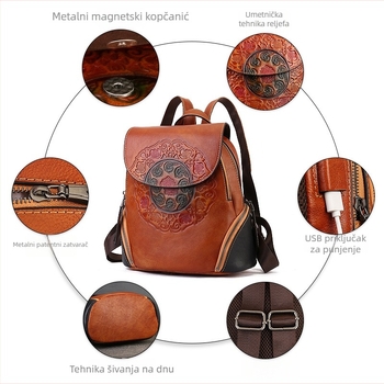 Ruksak od prave kože, unisex; nacionalni stil književnosti i umjetnosti; geometrijski uzorak; dizajn za smanjenje opterećenja.