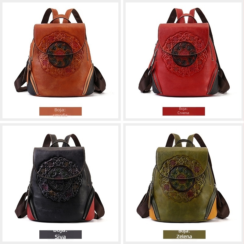 Ruksak od prave kože, unisex; nacionalni stil književnosti i umjetnosti; geometrijski uzorak; dizajn za smanjenje opterećenja.