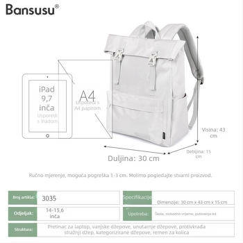 Putnički ruksak s pretincem za laptop — unisex stil, poliester, pogodan za slobodno vrijeme putovanja, brend Bansusu