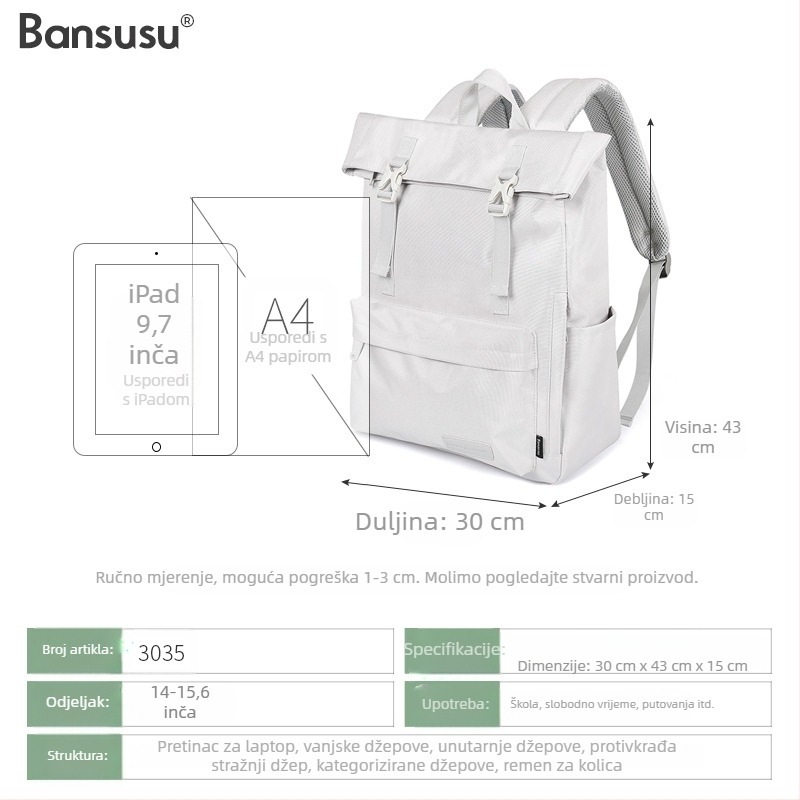 Putnički ruksak s pretincem za laptop — unisex stil, poliester, pogodan za slobodno vrijeme putovanja, brend Bansusu