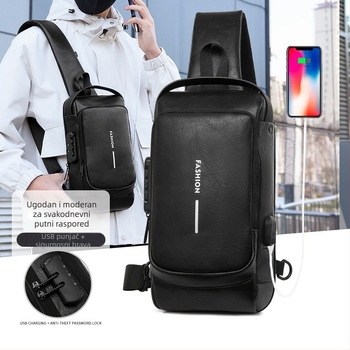 Muška crossbody torba od PU kože, Race, zaštita od krađe, USB priključak, vodootporna.
