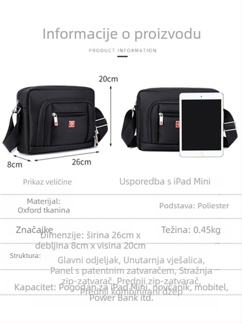 JANGEAR muška torba za ramena, Oxford platno, crossbody na jedno ramena, gradski jednostavan stil, antibakterijska i otporna na habanje, vodoravni kvadratni oblik, jednofarbna