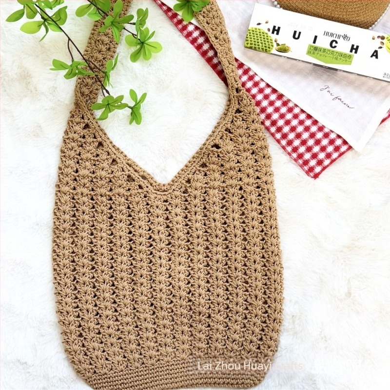 Torba Tote preko ramena od pamuka s otvorenim pletenim dizajnom, vertikalni kvadratni oblik, s jednom naramenicom, ljeto 2025