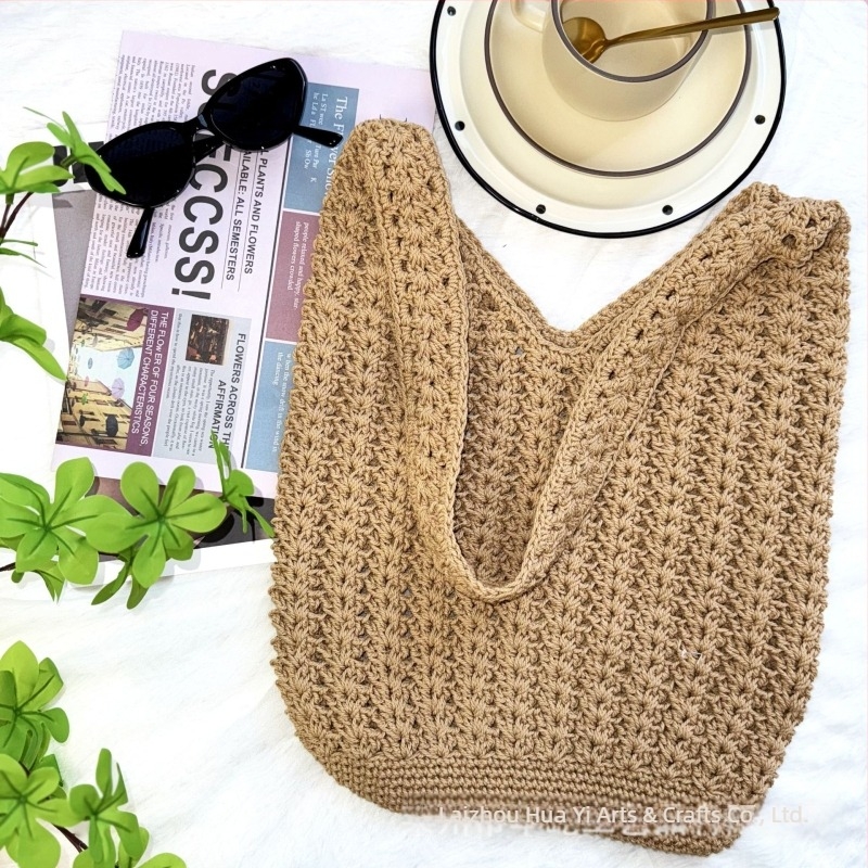 Torba Tote preko ramena od pamuka s otvorenim pletenim dizajnom, vertikalni kvadratni oblik, s jednom naramenicom, ljeto 2025