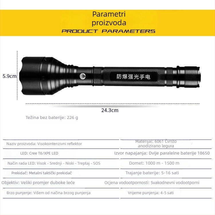 LED svjetiljka, punjiva, dugi domet, tijelo od aluminijske legure, otporno na eksplozije, 10 W