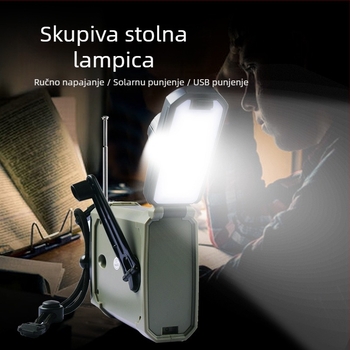 Ručno pokretani radio-fenir – LED 3W, baterija 2000mAh, ručno ili solarno napajanje, vodootporno, 360° rotirajuće nužno svjetlo