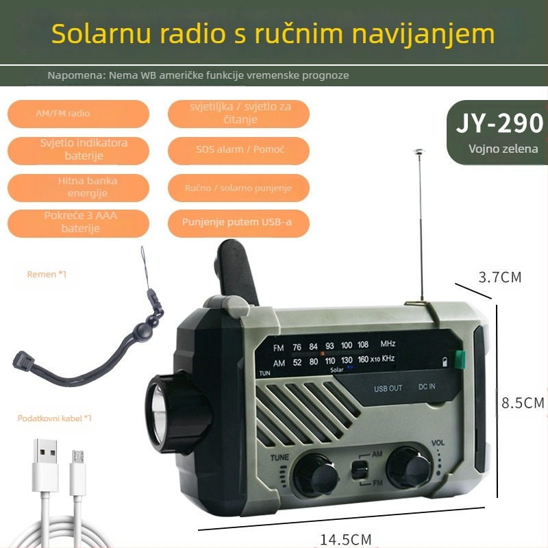 Ručno pokretani radio-fenir – LED 3W, baterija 2000mAh, ručno ili solarno napajanje, vodootporno, 360° rotirajuće nužno svjetlo
