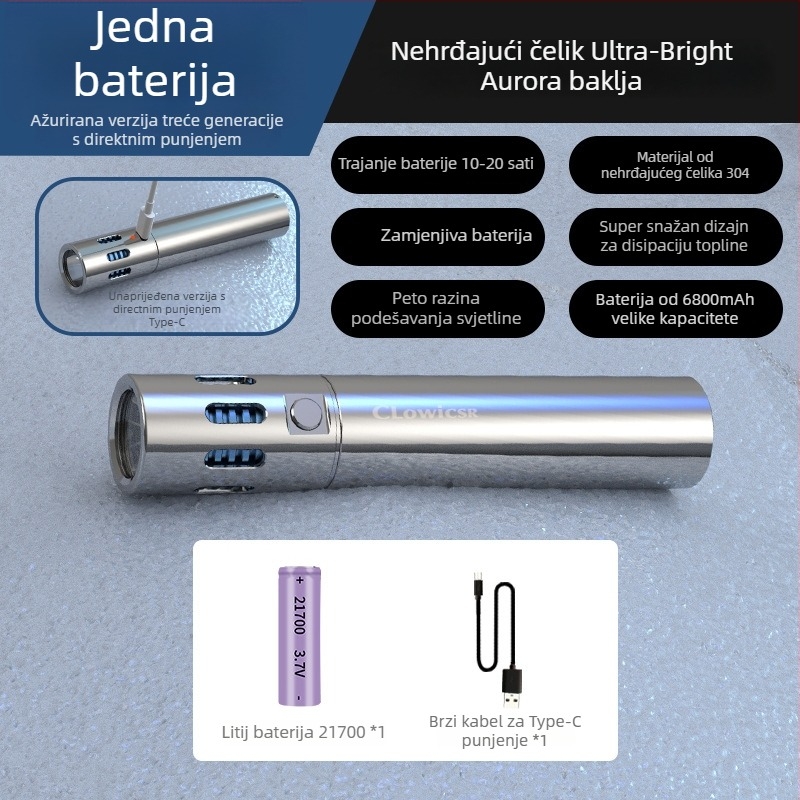 Fener LED od nehrđajućeg čelika, 40W, punjiva, ručno punjenje, domet do 500 m, kapacitet baterije 4800mAh