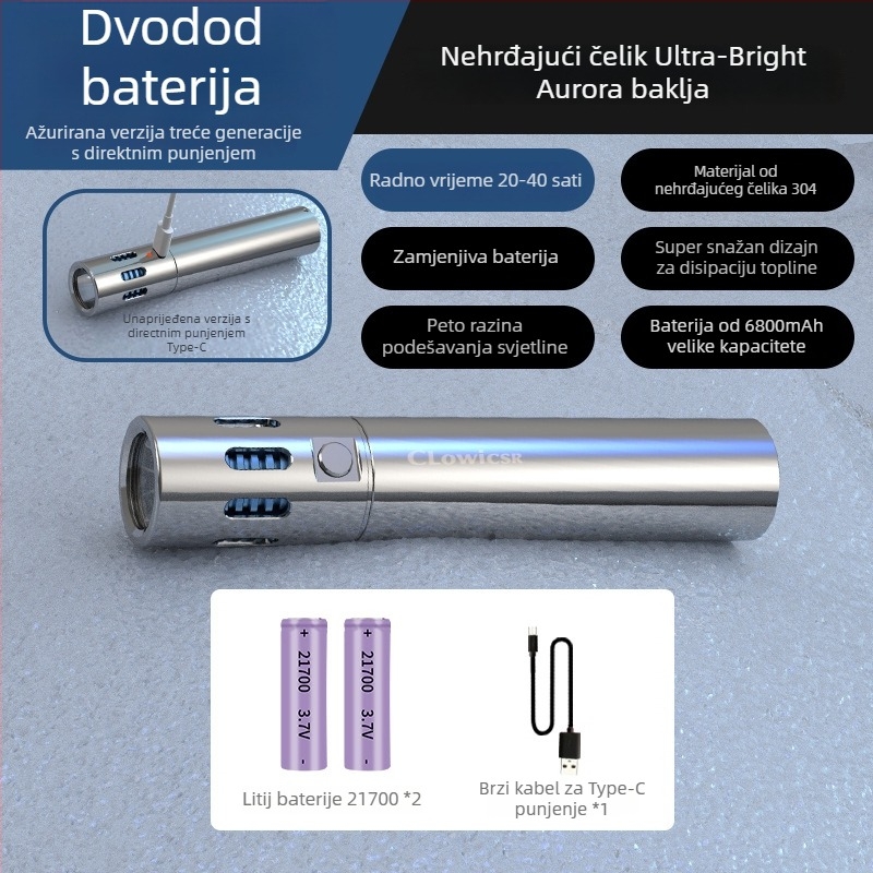 Fener LED od nehrđajućeg čelika, 40W, punjiva, ručno punjenje, domet do 500 m, kapacitet baterije 4800mAh