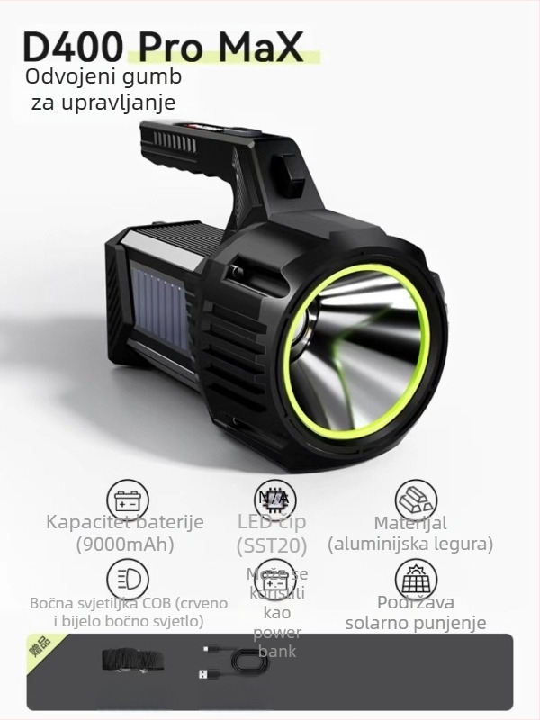 Walson D400 Prenosna tražilna svjetiljka LED, aluminijska legura, kapacitet baterije 2000, 20W, domet 100–200 m