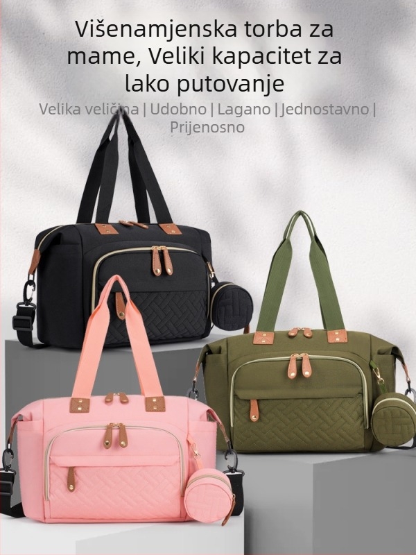3-dijelni set torbi za pelene – torba za majku s pretincem za cuclu i pelene, naramenica, prijenosna torba za bebu (Oxford tkanina; gradski stil; prugasti uzorak; najlon podstava; zakrivljeni remen za rame)