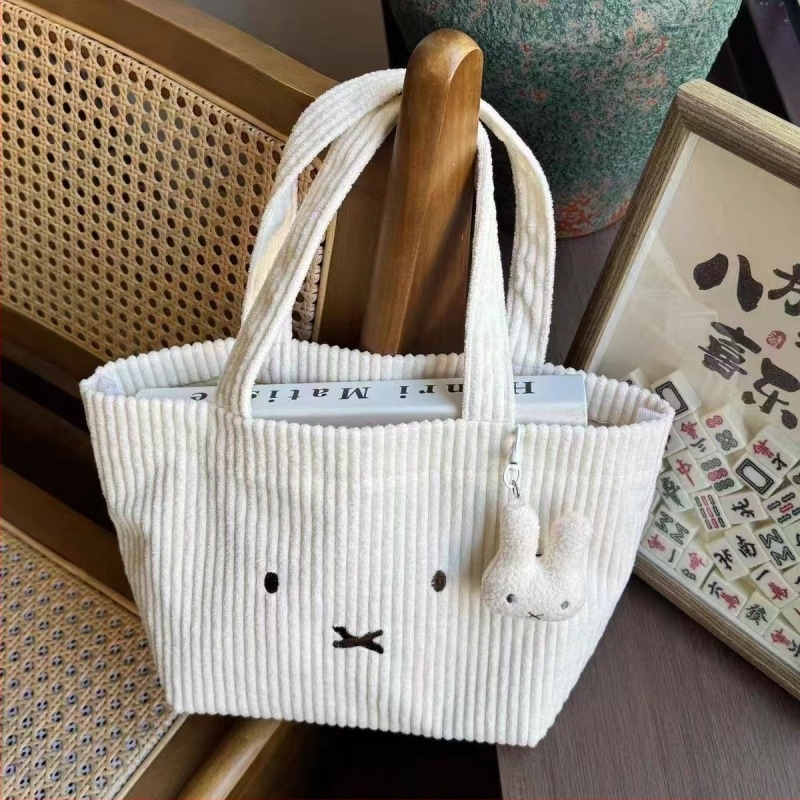 Corduroy tote torba s izvezenim zekom, japanski stil, otvoreni vrh, 3D vanjski dizajn, podstava od neprozivne tkanine, dvostruke ručke