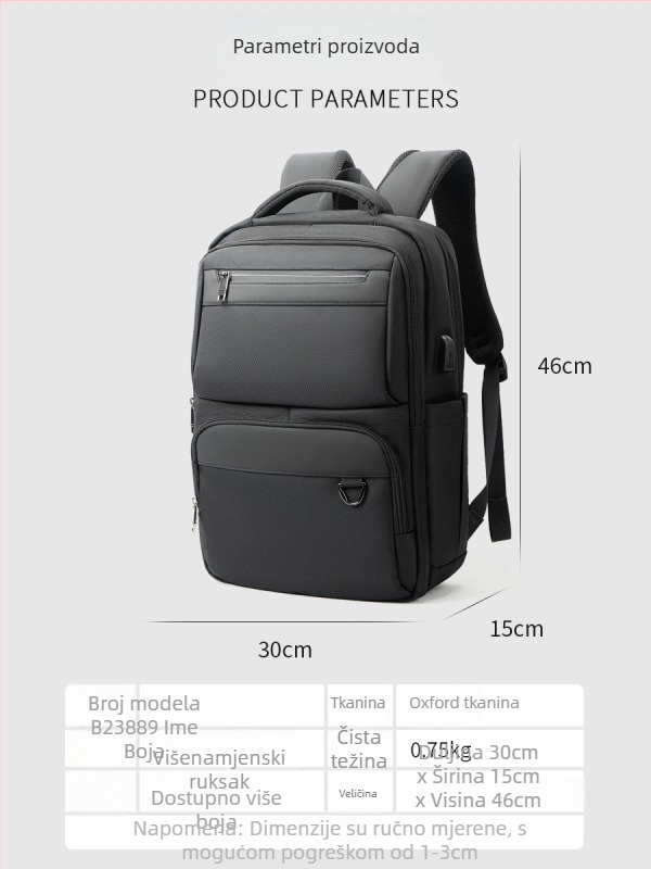 Muški poslovni ruksak s dojmom vrhunske kvalitete, kapacitet 36–55 L, pogodan za 15-inčni laptop, vodootporan Oxford platno