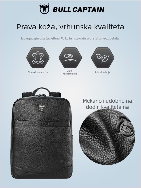 Poslovni ranac od prve sloje kože za prijenosno računalo, vodootporan, kapaciteta 20–35 L, zakrivljene naramenice