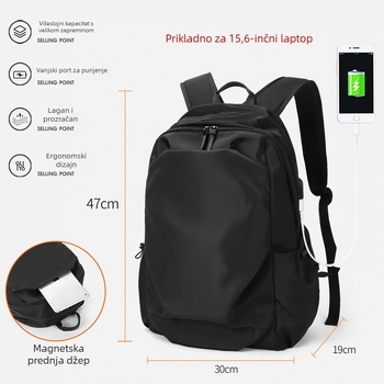 Ruksak 20–35L, prozračni materijal, zakrivljene naramenice, pretinac za prijenosno računalo.