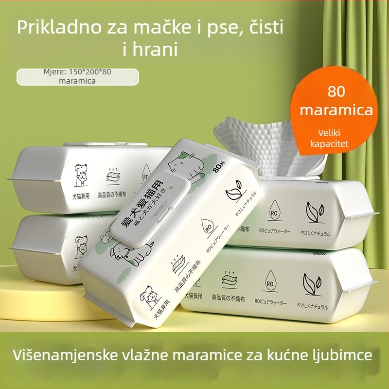 Vlažne maramice za kućne ljubimce za mačke i pse – bez ispiranja, 80 listova