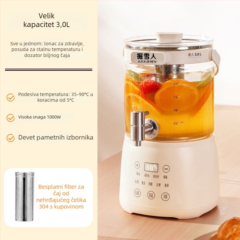 Višenamjenski lonac za zdravlje za čaj i vodu, digitalni termostat, staklena vanjska, unutarnji spremnik od 304 nehrđajućeg čelika, kapacitet 4 L, 220 V, 1000 W
