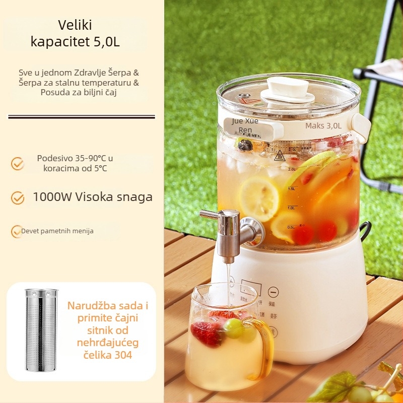 Višenamjenski lonac za zdravlje za čaj i vodu, digitalni termostat, staklena vanjska, unutarnji spremnik od 304 nehrđajućeg čelika, kapacitet 4 L, 220 V, 1000 W