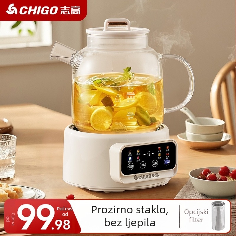 Chigo Zdravstvena čajna kanvica s staklenim tijelom, 1–1.5 L, 220 V, 500–1000 W, Model Jx-101, Dodirno upravljanje