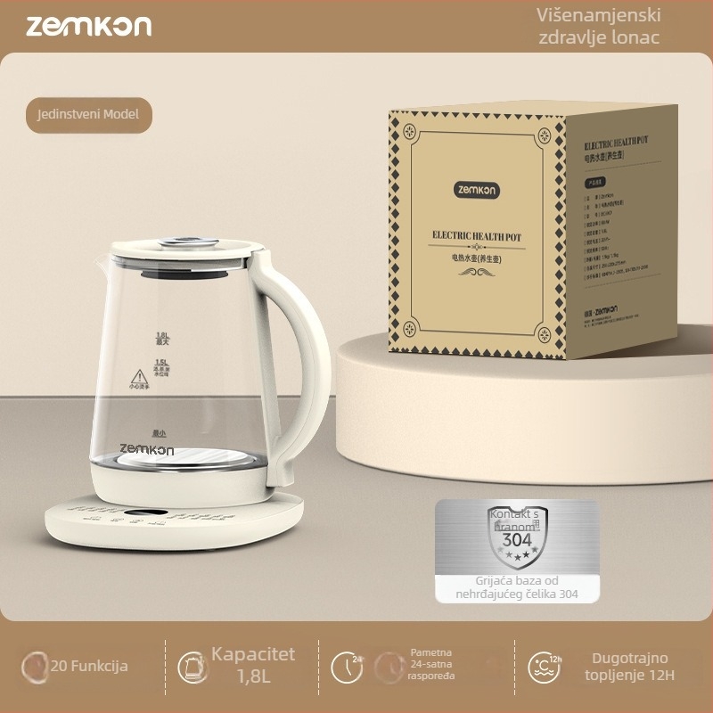 Zemkon Health Pot – Višefunkcionalna posuda za čaj s konstantnom temperaturom, staklena kućišta od borosilikatnog stakla, 1.8L, 800W, 220V, dodirno upravljanje
