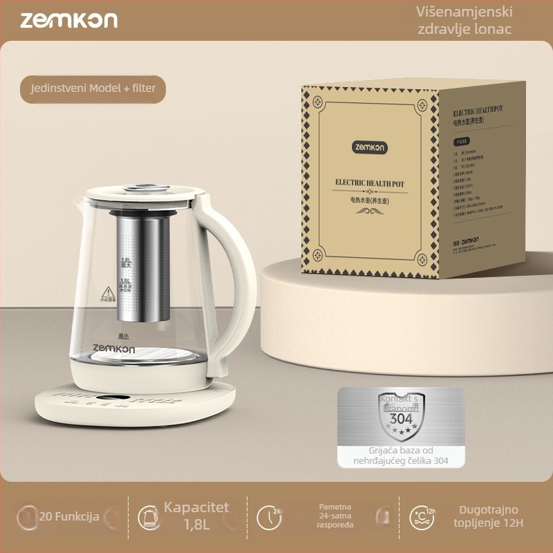 Zemkon Health Pot – Višefunkcionalna posuda za čaj s konstantnom temperaturom, staklena kućišta od borosilikatnog stakla, 1.8L, 800W, 220V, dodirno upravljanje