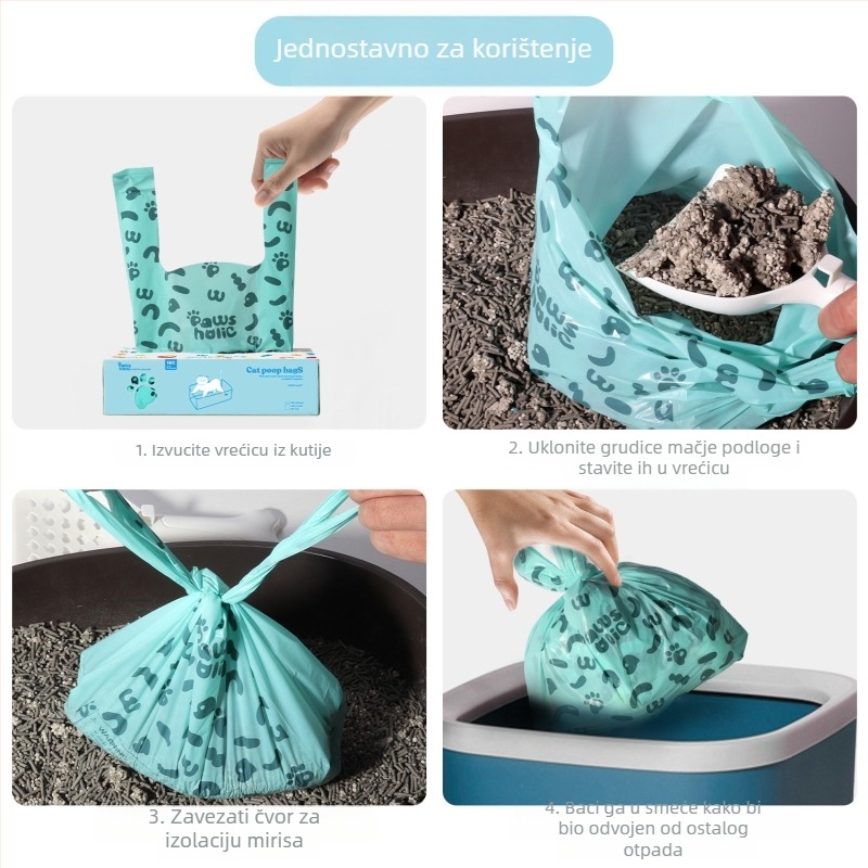Vesta za vrećice za mačji izmet, pawsholic, škrobno-bazirana + HDPE, debeli, pakiranje u bočnoj kutiji