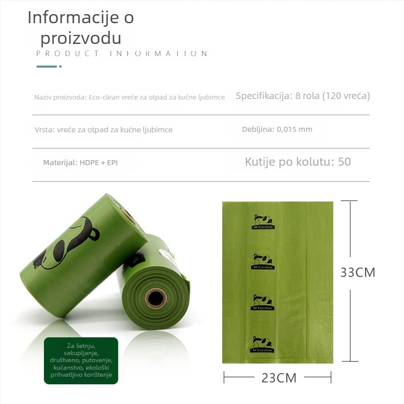 Biološki razgradive vrećice za otpad kućnih ljubimaca, debeli, s ravnim otvorom, HDPE+EPI materijal, moguć privatni label
