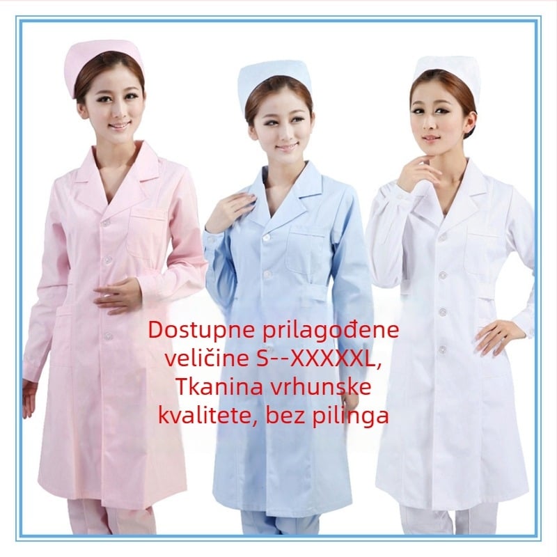 Ženski medicinski mantil, laboratorijska uniforma, pamuk, materijal koji odvlači vlagu, dugi rukavi, okrugli ovratnik