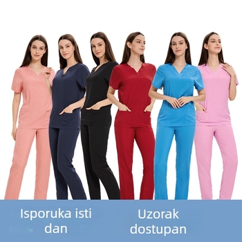 Unisex medicinski scrubs set — lagani poliester-elastan, brzo sušenje, V-izrez, kratki rukav, top i hlače, 95% poliester ili više, pogodan za ljeto/proljetje/jesen.