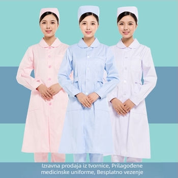 Unisex medicinski kaput s dugim rukavima, okrugli ovratnik, vezeni detalj, 90% poliester materijal