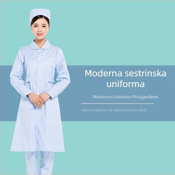 Unisex medicinski kaput s dugim rukavima, okrugli ovratnik, vezeni detalj, 90% poliester materijal