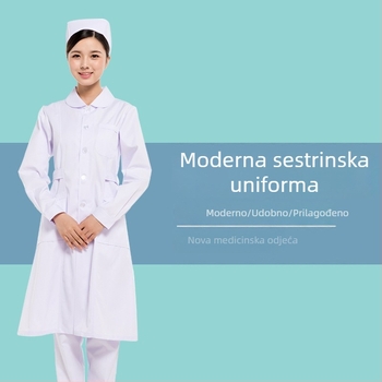 Unisex medicinski kaput s dugim rukavima, okrugli ovratnik, vezeni detalj, 90% poliester materijal
