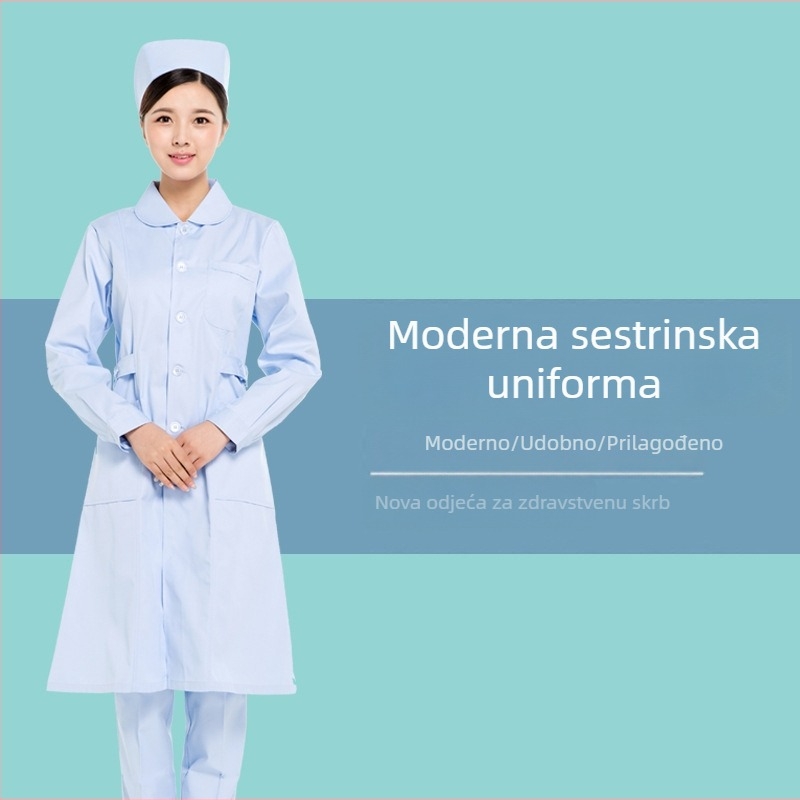 Unisex medicinski kaput s dugim rukavima, okrugli ovratnik, vezeni detalj, 90% poliester materijal