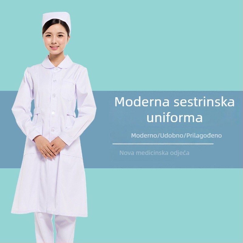 Unisex medicinski kaput s dugim rukavima, okrugli ovratnik, vezeni detalj, 90% poliester materijal