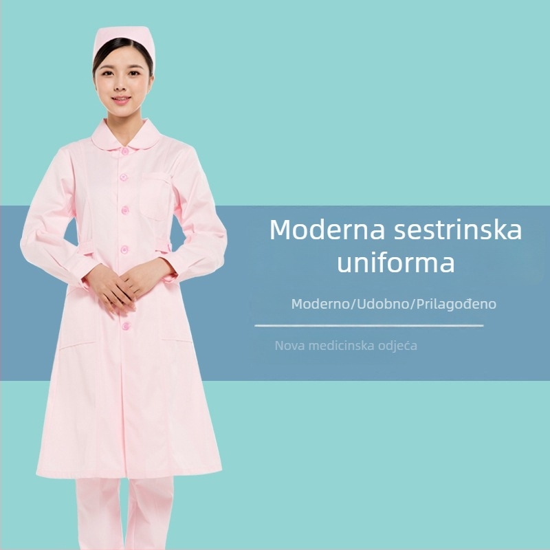 Unisex medicinski kaput s dugim rukavima, okrugli ovratnik, vezeni detalj, 90% poliester materijal