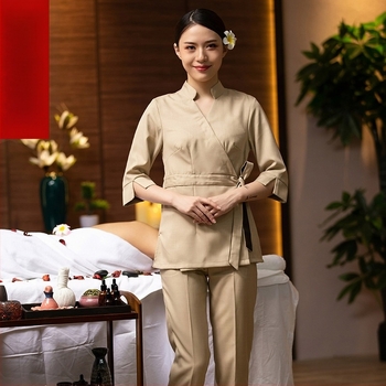 Ženska uniforma za kozmetički salon – cijele godine, vlage-odvođenje, smjesa konoplje, pamuka i lana, dugi rukav, reverni ovratnik, kostim stil