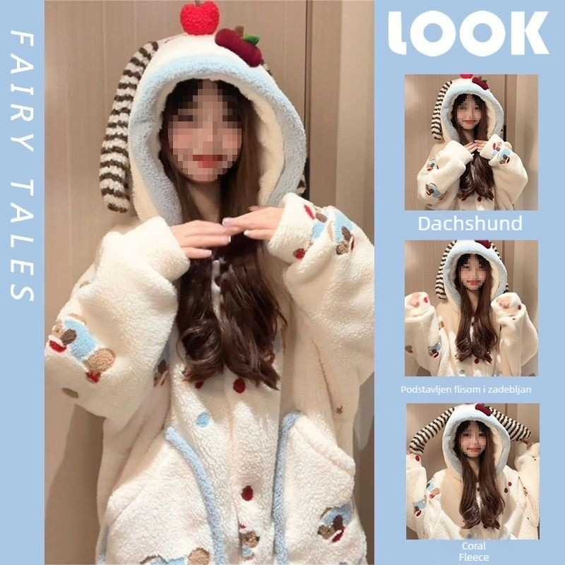 Ženske pidžame u korejskom stilu, bijeli dachshund motiv, podstavljene fleeceom, debeli koralni fleece, topli zimski set za kućnu uporabu