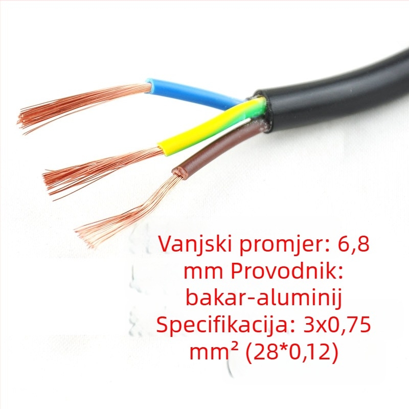 Napajajući kabel s bakreno obloženim aluminijem, presjek 0,75 mm², indijski tro-pinski utikač, za stolno računalo