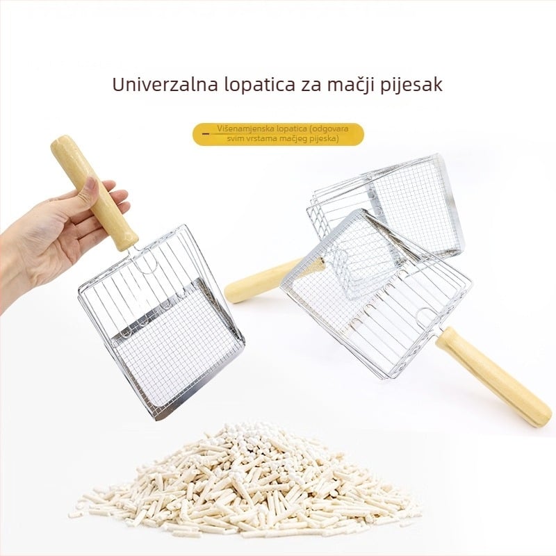 Dvostruko funkcionalna lopatica od nehrđajućeg čelika za mačji izmet s finom mrežom, pogodna za mineralni i tofu pijesak, velika