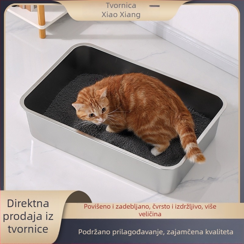 Velika kutija za mačju toaletu od nehrđajućeg čelika, četvrtastog oblika s ravnim dnom, otporna na koroziju, duboka i debela.