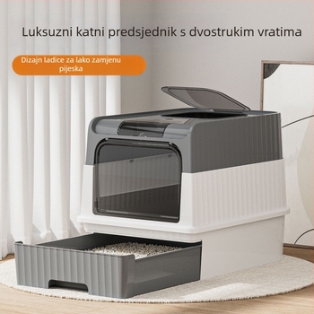 Kutija za mačju toaletu s ladicnim dizajnom, potpuno zatvorena, ulaz s donje strane, izlaz s gornje strane, otporna na prskanje i mirise, PVC