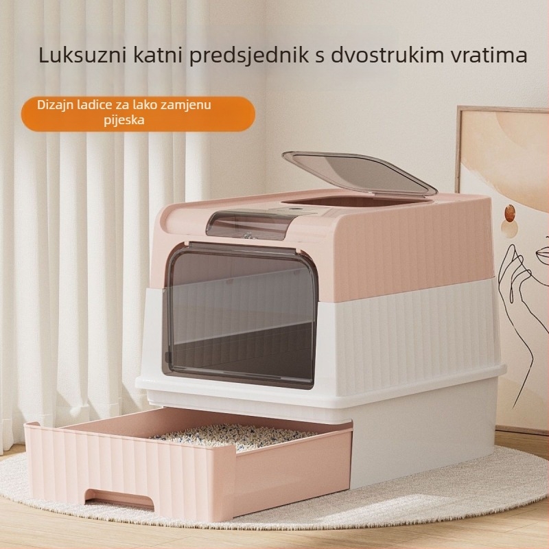 Kutija za mačju toaletu s ladicnim dizajnom, potpuno zatvorena, ulaz s donje strane, izlaz s gornje strane, otporna na prskanje i mirise, PVC
