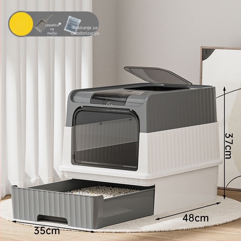 Kutija za mačju toaletu s ladicnim dizajnom, potpuno zatvorena, ulaz s donje strane, izlaz s gornje strane, otporna na prskanje i mirise, PVC
