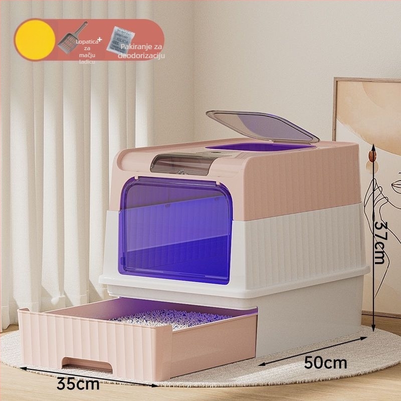 Kutija za mačju toaletu s ladicnim dizajnom, potpuno zatvorena, ulaz s donje strane, izlaz s gornje strane, otporna na prskanje i mirise, PVC