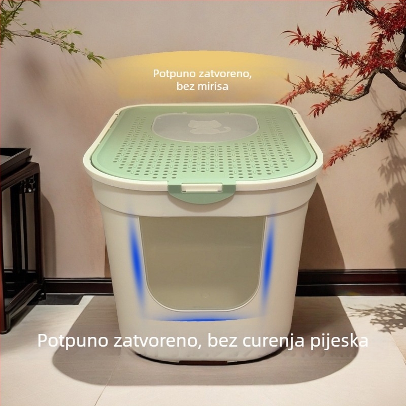 Kutija za mačji pijesak s potpuno zatvorenim dizajnom, kontrola mirisa, zaštita od prskanja, gornji ulaz, PVC materijal