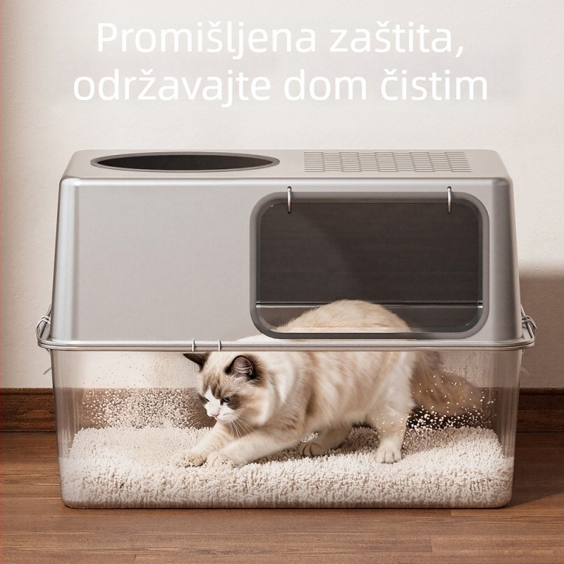 Ekstra velika kutija za mačji pijesak od nehrđajućeg čelika, potpuno zatvorena, protiv rasipanja, s uklonjivom dvostrukom funkcijom mačja toaleta
