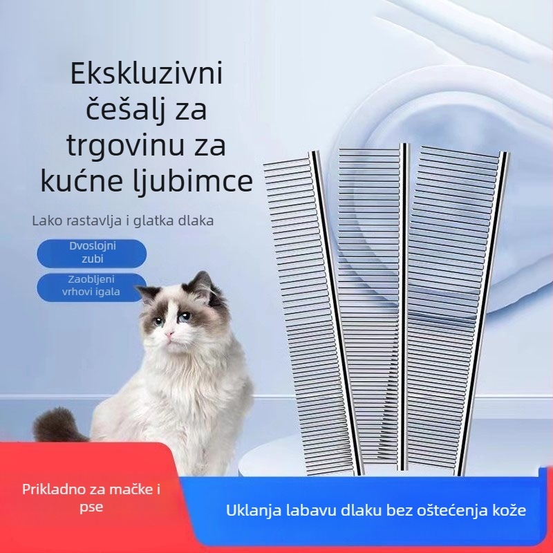 Češalj za kućne ljubimce od nehrđajućeg čelika za raščešljavanje dugodlakih mačaka i pasa, s gustim zubima