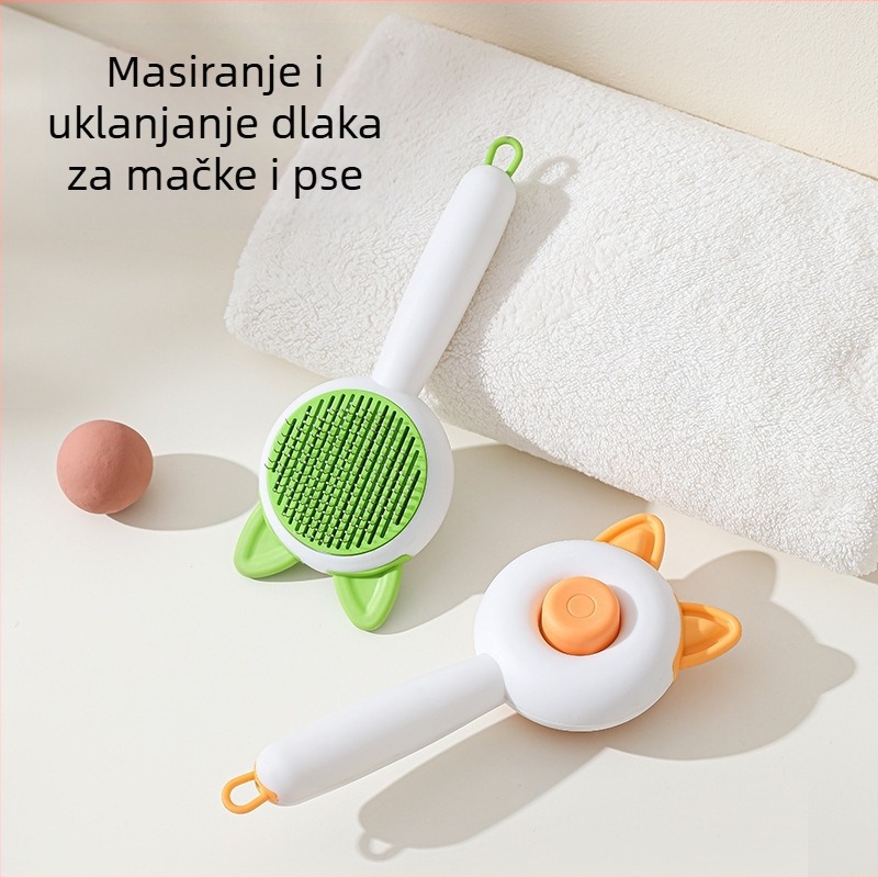 Silikonska četka za kućne ljubimce s dizajnom mačjih ušiju, samoočistavajuća, masaža i uklanjanje dlaka — MJY; materijali: PP, TPR, nehrđajući čelik